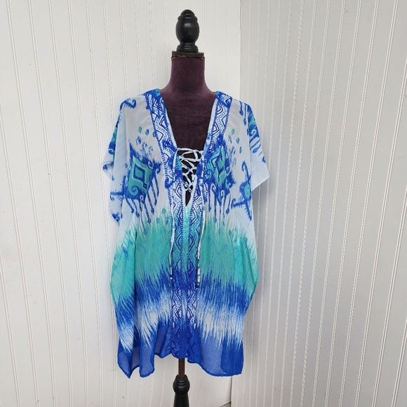Blue Island Swim Coverup Womens Sheer Boho Green White Lace Up V-Neck Sz S - Picture 1 of 12